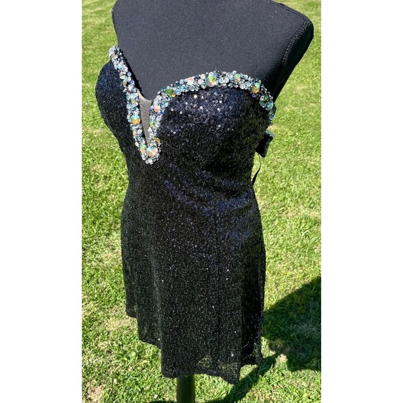 Alyce Paris Dress Womens 14 Black Sequin Beaded Strapless Sweetheart Mini Party - Picture 5 of 12